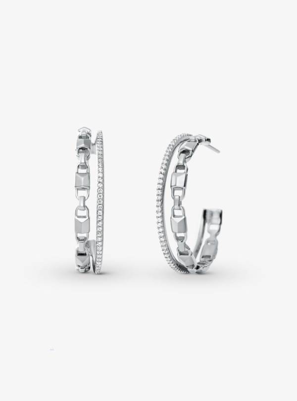 Damske Nausnice Michael Kors Precious Metal-Plated Sterling Silver Mercer Link Pavé Halo Hoops Strieborne - Šperky Michael Kors Akcia | OPYGU-5169